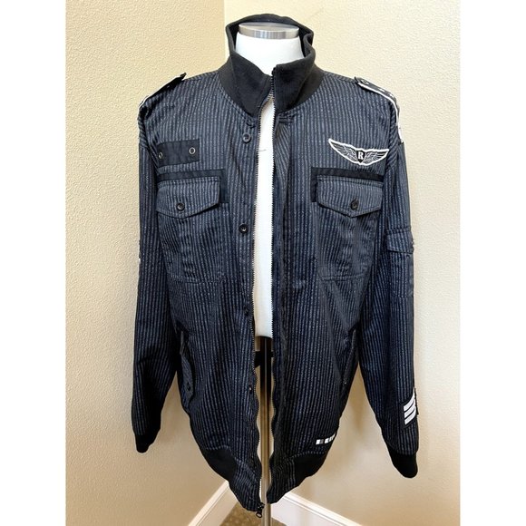 Men's Y2K Raw Blue Pinstripe Button Down Zip Military Style Jacket 3X - Picture 2 of 7